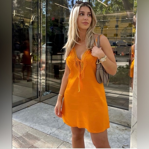 Zara Dresses & Skirts - Zara Orange Contrasting Lace Satin Effect Mini Dress Size M Sexy Festival Vacay
